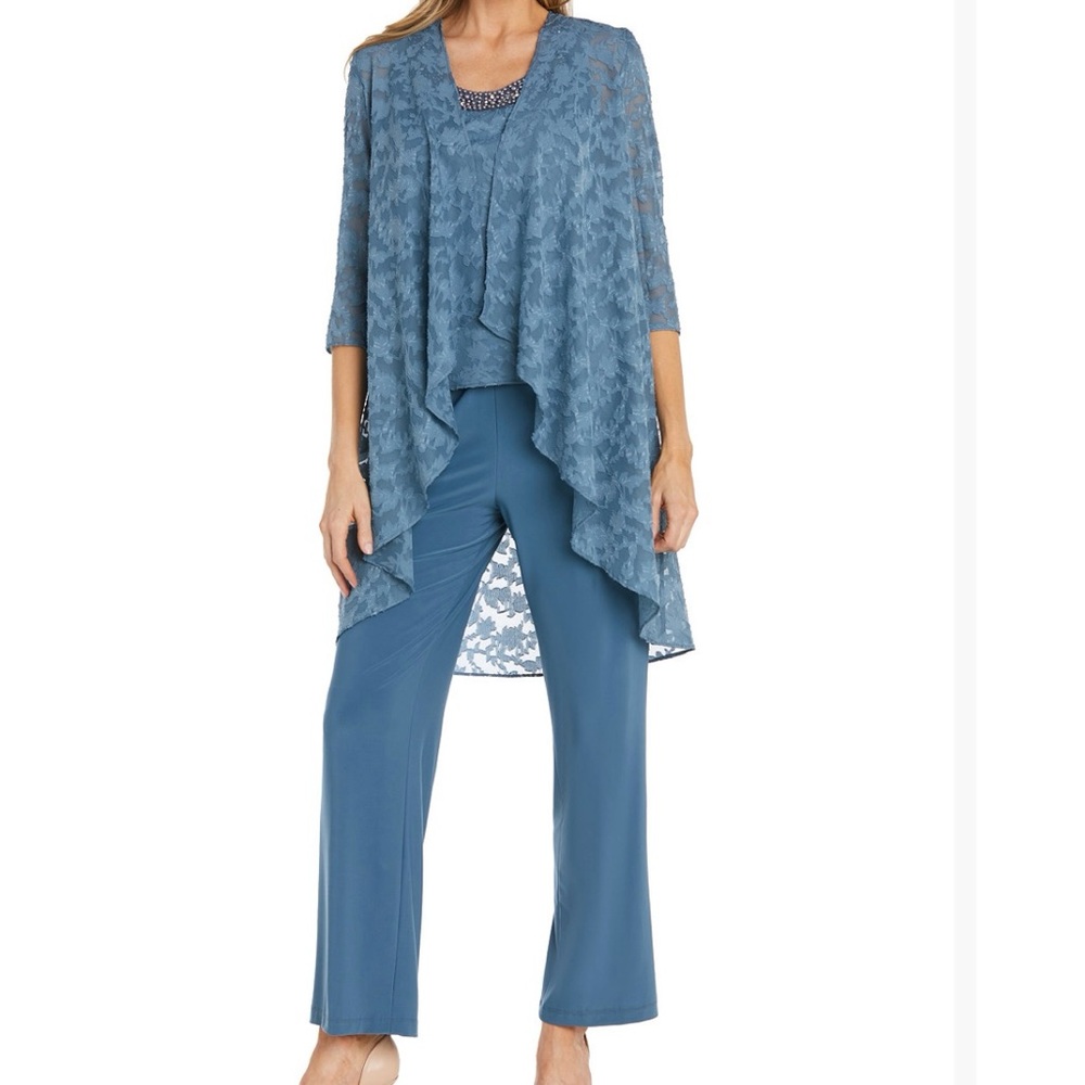 R & M Richards 2 Piece Blue Lace Overlay Duster & Matching Pants Womens Size 12